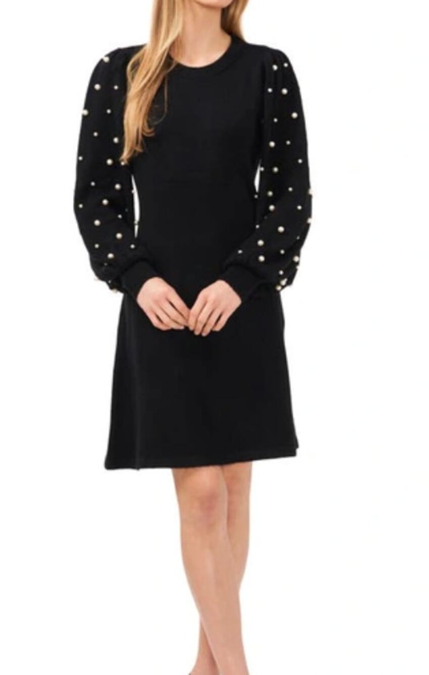 LIZ CLAIBORNE Sweater Dress Black Size Medium Pearl Sleeve Knee Length NWT